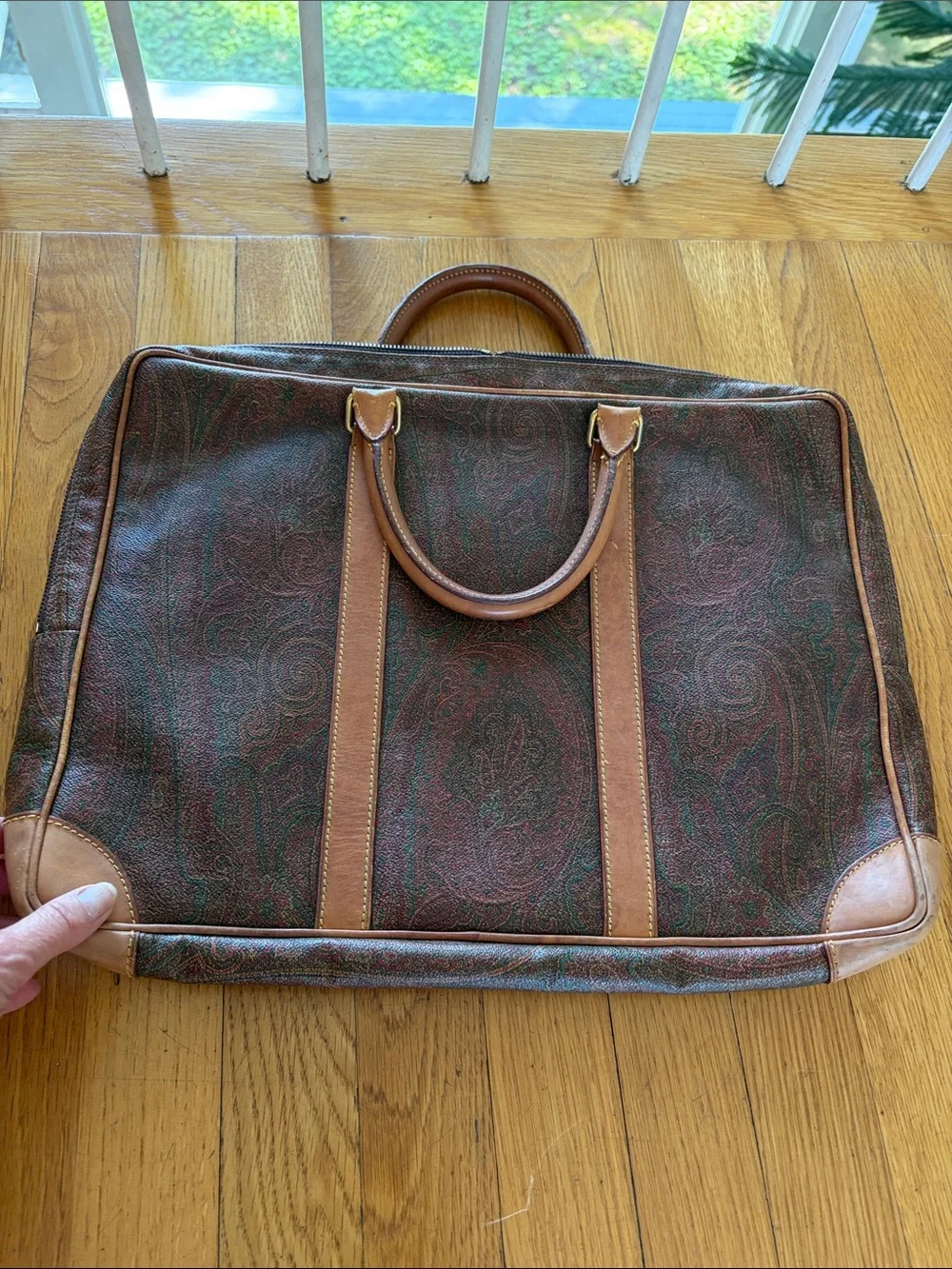 Leather-Trim Paisley Briefcase Bag in Brown